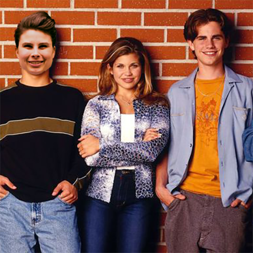 Cast photo of Boy Meets World with Stephanie's face photoshoped onto Cory's body